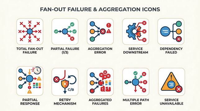 Set of Ten Information Technology Icons Representing Various System Failure Scenarios and Data Aggregation Process Flow Diagrams