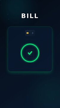 Bill payment animation with mobile payment card and receipt icon. Flat design motion graphics on dark blue and green gradient background. Finance technology concept for mobile app 