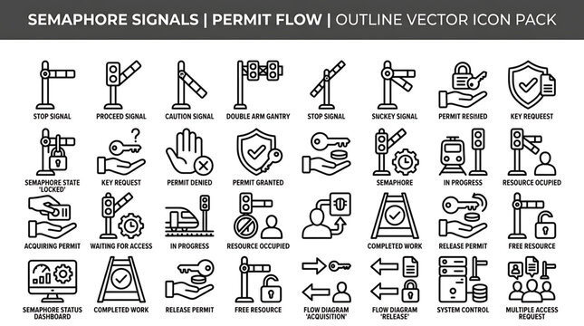 Semaphore signals permit flow in an outline vector icon set for industry and transportation systems.
