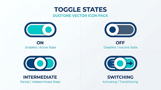 Vector icons depict toggle switch states including on, off, intermediate, and switching modes