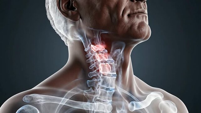 CGI Rendering Of Human Neck With Semi-Transparent X-Ray Showing Cervical Vertebrae And Surrounding Muscles