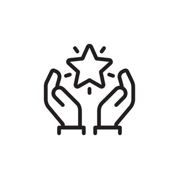 Outline icon value, best score, high quality product, experience. Line sign human hands holding-hugging star symbol. Vector isolated pictograms for web on white background editable stroke.