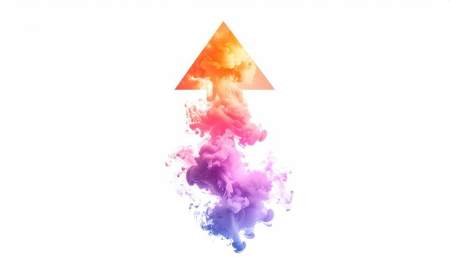 A vibrant abstract composition shows a geometric arrow at the top, colored in orange. A cloud of colorful, swirling smoke streams from its base