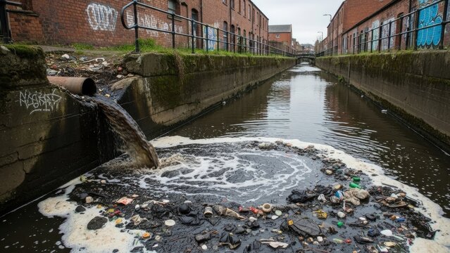 Polluted Canal Waterway with Industrial Discharge and Rubbish.