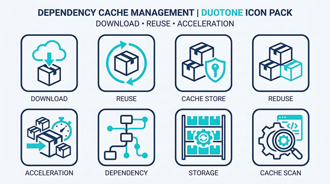Dependency cache management system icons illustrate download, reuse, cache store, acceleration, dependency, storage, and cache scan concepts.