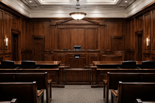 Empty Courtroom Interior with Wooden Judge Bench