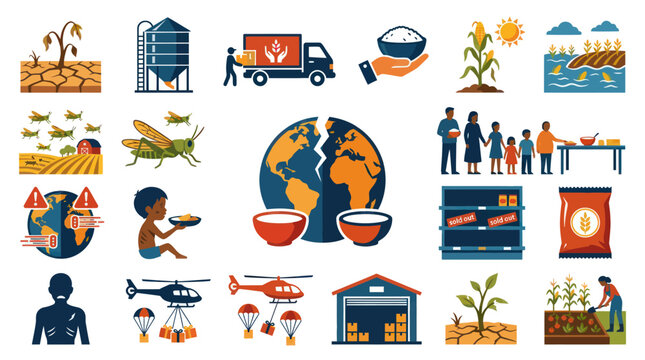 Food Crisis and Security Flat Icon Set. Agriculture, Famine, Hunger, Drought, and Food Supply Chain Illustrations