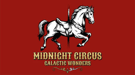 Midnight circus carousel horse. Vintage galactic wonders graphic. Retro t shirt design.. Galactic © pandu