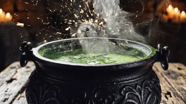 Bubbling green potion in ornate black cauldron with rising steam and glowing embers