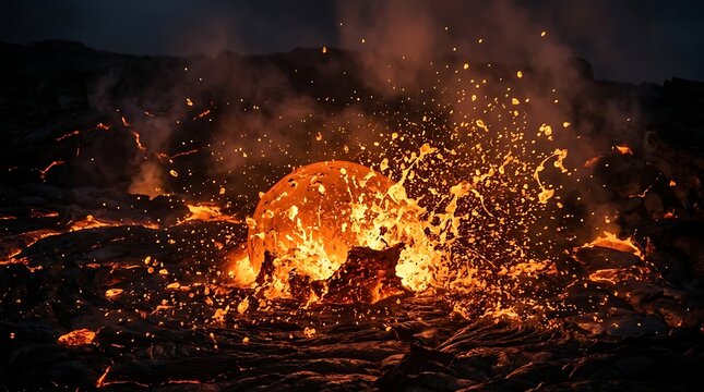 Molten lava bubble exploding during a volcanic eruption at night