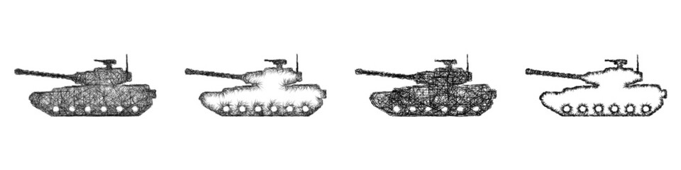Obraz premium Black and white sketch tank silhouette icon design set