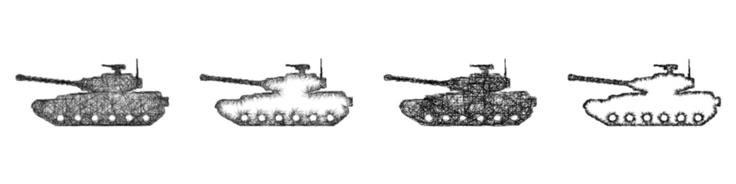 Black and white sketch tank silhouette icon design set