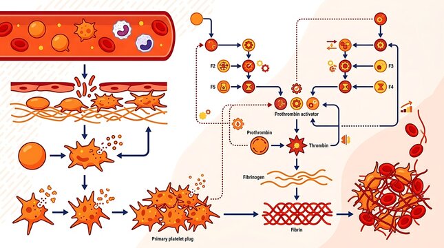 Medical diagram of the blood coagulation cascade and platelet plug