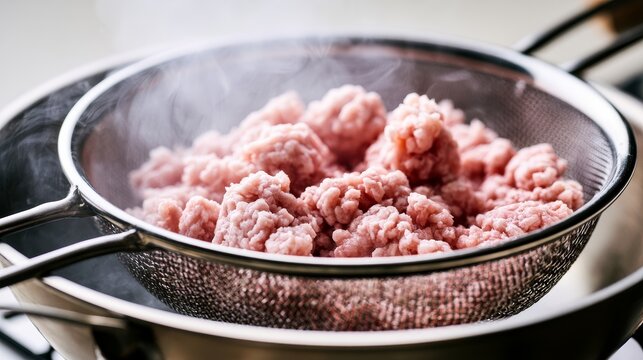 minced pork boiling in colander hot water cooking process raw ground meat blanching food preparation kitchen hygiene sanitation protein ingredient close up culinary method