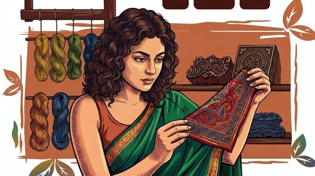 An illustration of an artisan woman in a saree examining a handmade block print textile in her workshop surrounded by colorful yarn.
