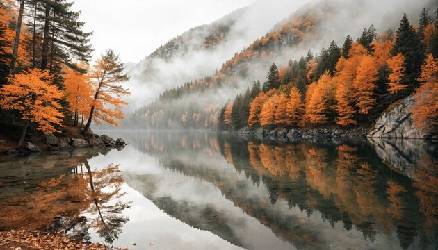 A misty alpine lake reflects orange autumn forest and rocky mountains, perfect for travel campaigns, nature calendars, and seasonal outdoor inspiration.