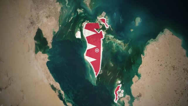 Bahrain Flag Filled Map Zoom Animation from Space, Bahrain Political Map Highlight with National Flag Overlay