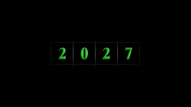 Green metallic 2027 odometer flip clock animation rolling into the new year on black background