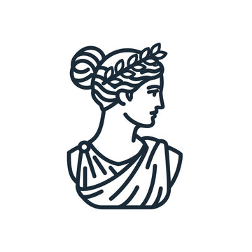 Minimalist line art vector icon of a Greek goddess bust with a laurel wreath crown.