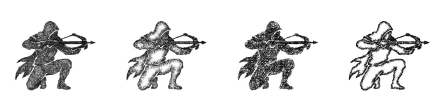 Monochrome sketch crossbow assassin icon design set