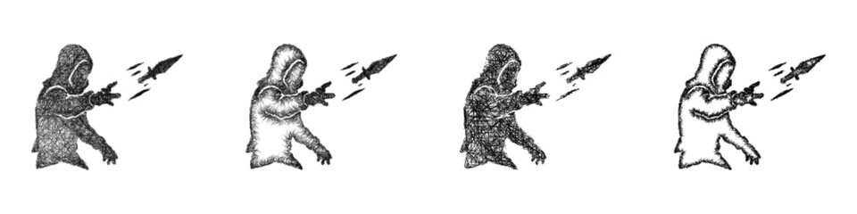 Fototapeta premium Sketch black and white throwing knife assassin icon design set