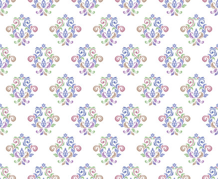 Wallpaper in the style of Baroque. Colored floral ornament. Seamless vector background. Graphic pattern for fabric, wallpaper, packaging. Ornate Damask flower illustration