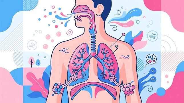 Anatomical diagram of human respiratory system and breathing process