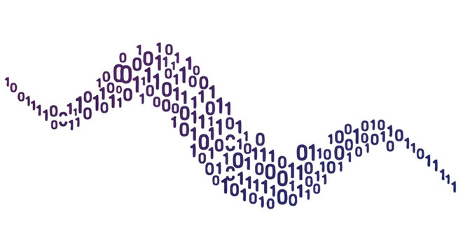 Purple binary code wave representing digital data flow