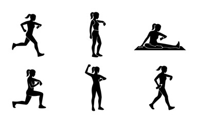 Obraz premium Fitness Woman Silhouette Icons, Active Lifestyle Poses, Exercise Set Vector Graphics