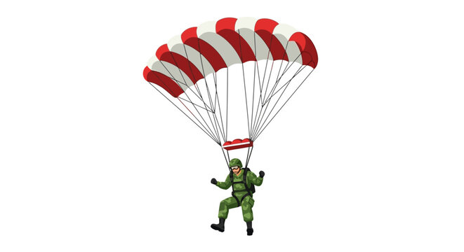 Soldier parachuting with red and white canopy.