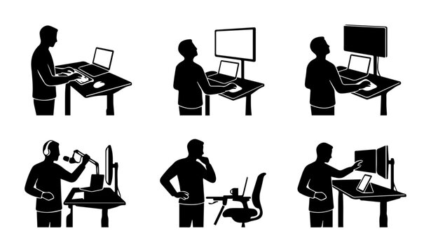 Standing Desk Workstation Icons, Ergonomic Office Setup, Computer User Poses, Vector Silhouette Collection
