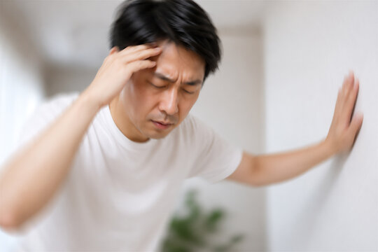 回転性めまいで頭を押さえる男性｜体調不良