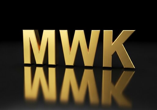 Golden letters MWK on dark reflective surface, 3D render.