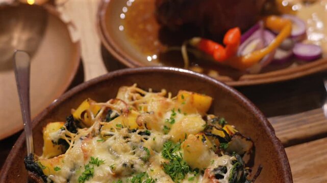 Czech restaurant meal shows roasted pork knuckle with mustard and baked potatoes with cheese in rustic ceramic dishes.