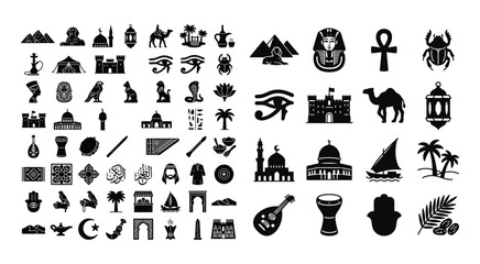 Fototapeta premium Egyptian Symbols And Motifs Collection Black Silhouette Shapes On White Background