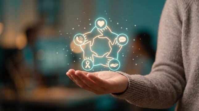 Closeup of a person holding a glowing digital hologram of a circle of hands with icons representing support, communication, and care, symbolizing community, charity, and social assistance
