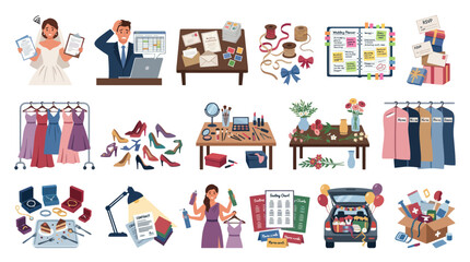 Naklejka premium Wedding Planning Flat Vector Illustration Set. Icons of Bride, Groom, Dresses, Gifts Event Preparations.