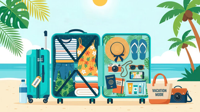 Beach vacation travel essentials checklist illustration