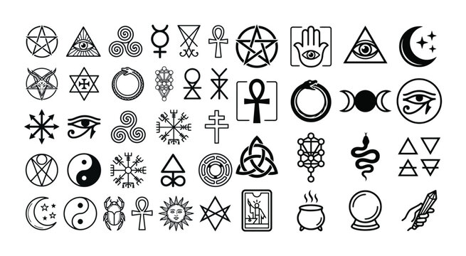 Collection Of Mystical Symbols And Signs Black Silhouette On White Background