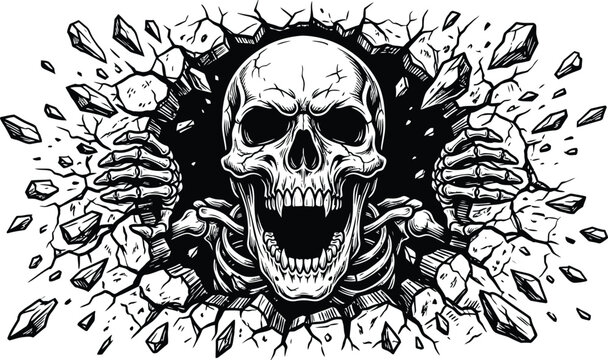 Halloween ghostly skull emerging from cracked earth spooky black and white illustration for horror designs