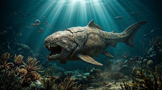 Prehistoric Devonian ocean scene featuring a massive armored Dunkleosteus, ammonites, and other ancient fish.