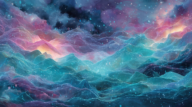 Abstract Digital Landscape with Cyber Network Wireframe and Binary Code Data