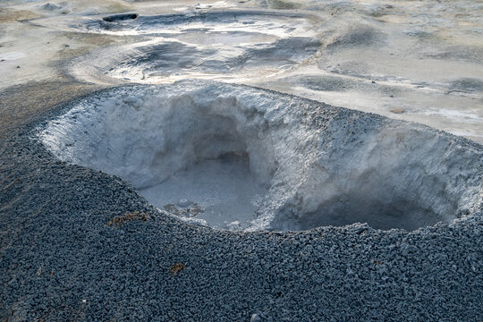Steaming Fumaroles and Mud Pools at the Hverir Geothermal Area in Iceland