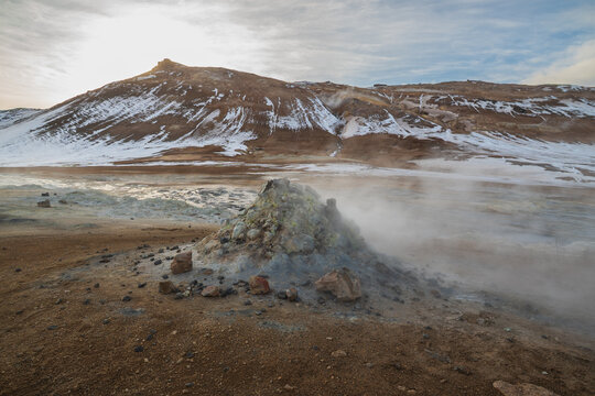Geothermal Hverir area with steaming fumaroles in Iceland