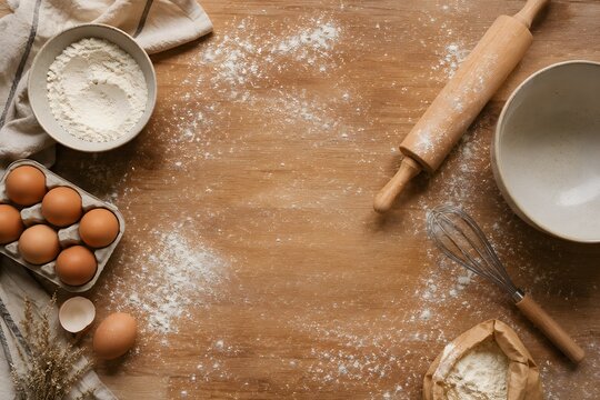 Home baking flat lay with flour rolling pin and eggs on wooden table