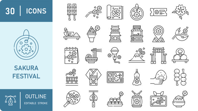 Collection of sakura festival, Japanese spring celebration, and hanami outline icon set, cherry blossom, culture, travel