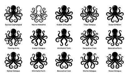 Octopus silhouette and marine icon collection vector © Jahangir