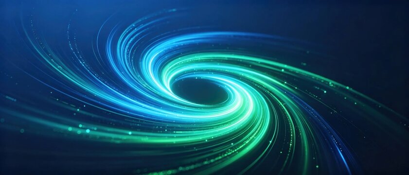 Abstract futuristic spinning vortex made of glowing blue and green light trails with sparkling tiny particles on dark blue background for technology motion and energy concept