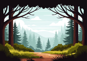 Naklejka premium Vector flat design illustration of a serene forest landscape with rolling hills and a winding path, evoking a peaceful