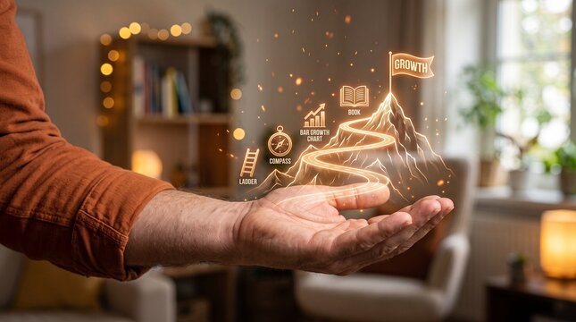 Conceptual image of personal growth and career development with a glowing holographic mountain path held in a hand